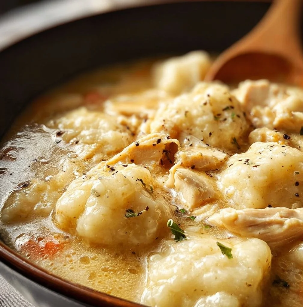 Bowl of Southern Style Chicken and Dumplings served with herbs