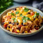 Delicious Southwest Chicken Casserole topped with cheese and spices.