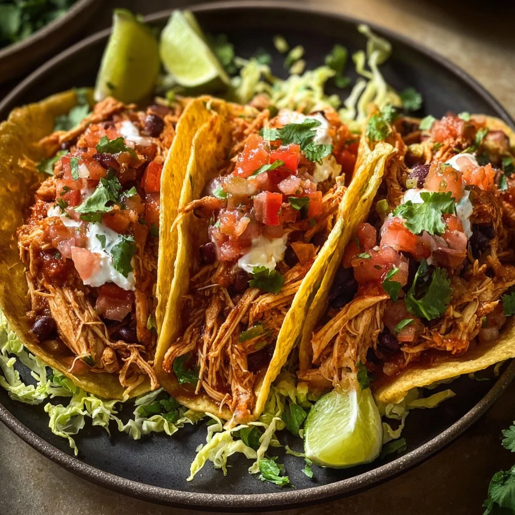 Delicious Southwestern crockpot chicken tacos served with fresh toppings