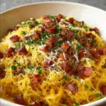 Spaghetti Squash Carbonara served in a bowl with herbs and cheese
