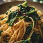 Plate of spaghetti with ramps garnished with herbs and parmesan cheese