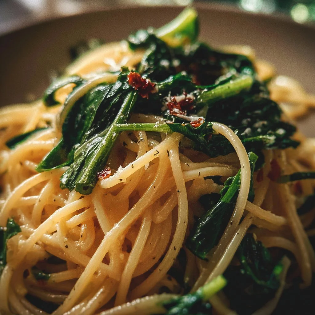 Plate of spaghetti with ramps garnished with herbs and parmesan cheese