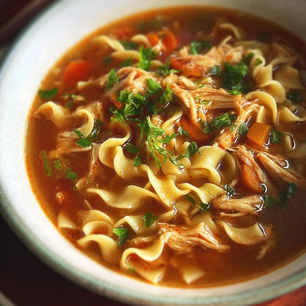 Bowl of spicy chicken noodle soup with herbs and spices