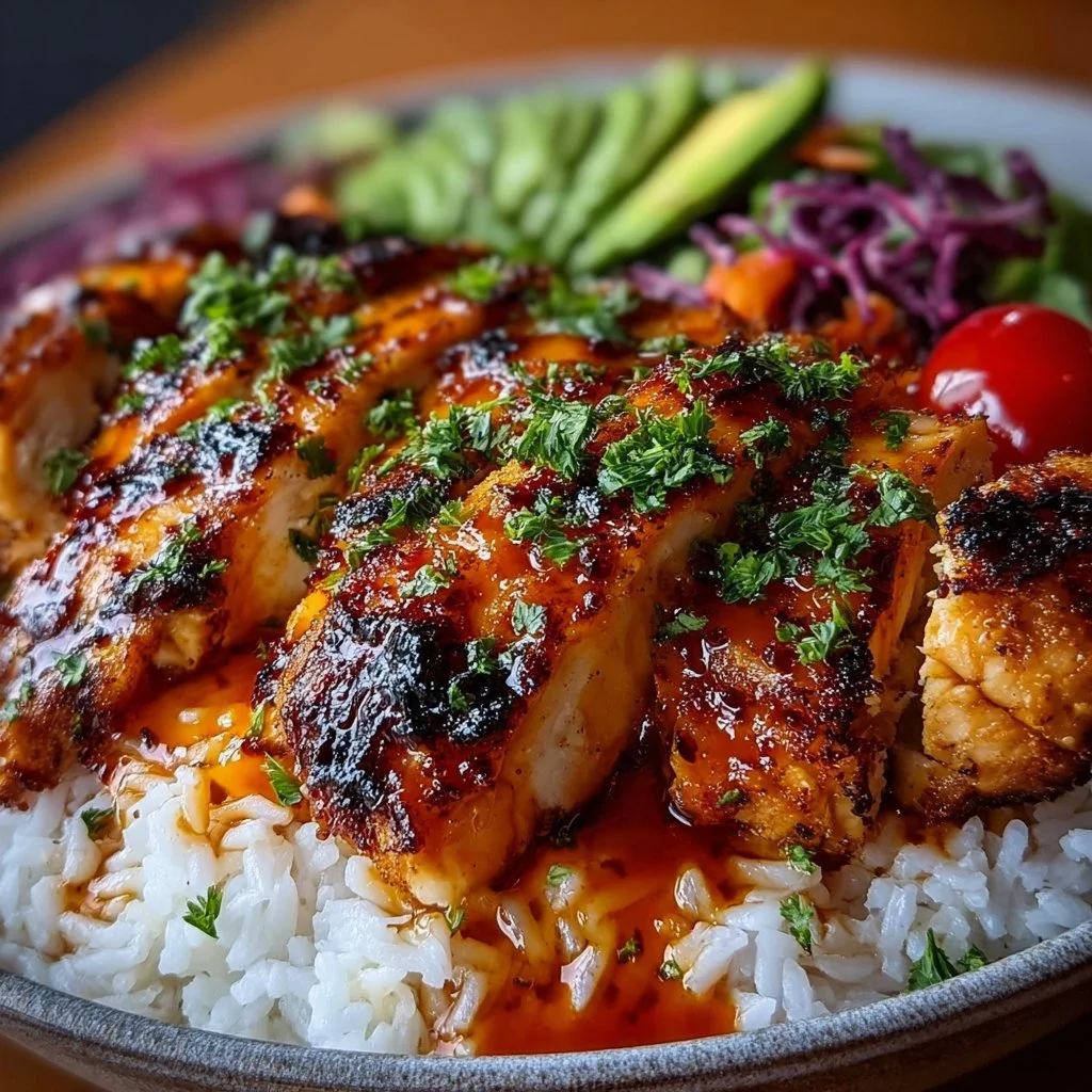 Delicious Spicy Maple Chicken served with coconut rice on a plate.