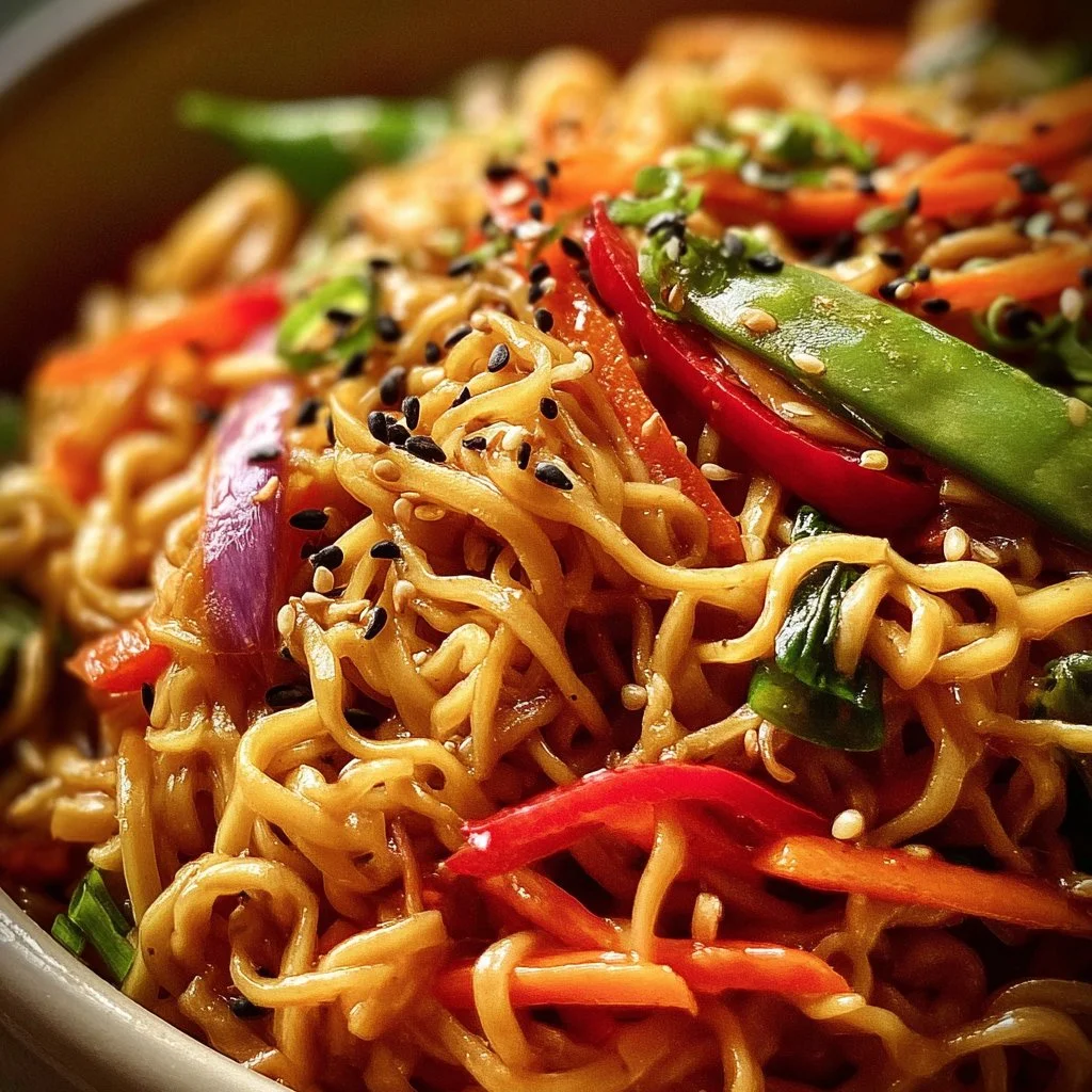 Delicious Spicy Miso Chow Mein Noodles with fresh vegetables