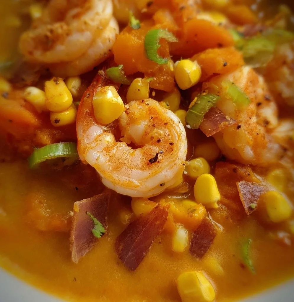 Bowl of spicy shrimp and sweet potato soup garnished with herbs