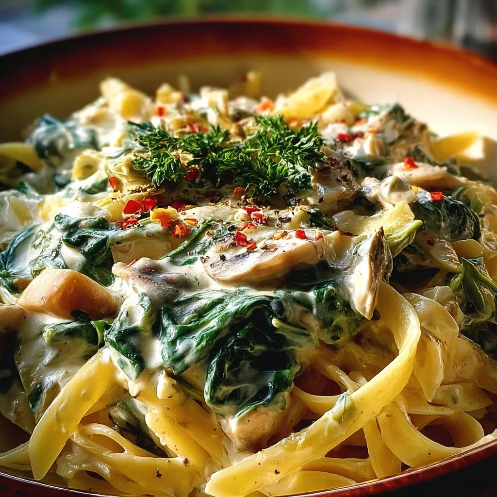Delicious serving of Spinach Artichoke Pasta with creamy sauce and fresh ingredients.