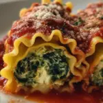 Delicious spinach lasagna roll ups garnished with herbs and cheese