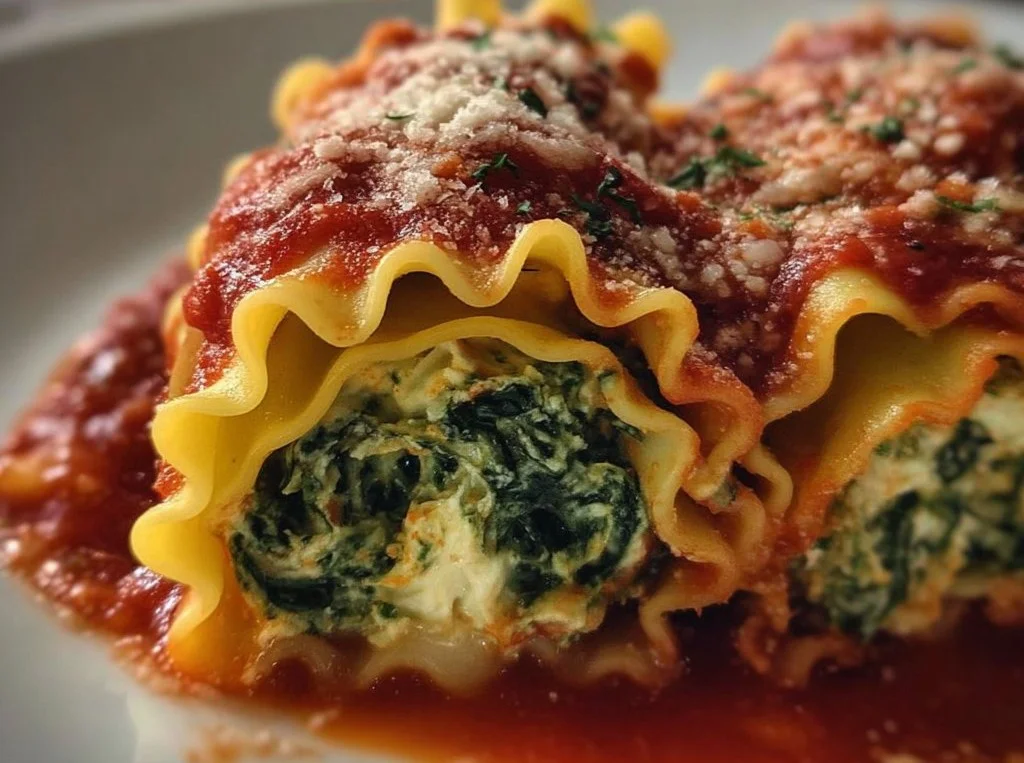 Delicious spinach lasagna roll ups garnished with herbs and cheese
