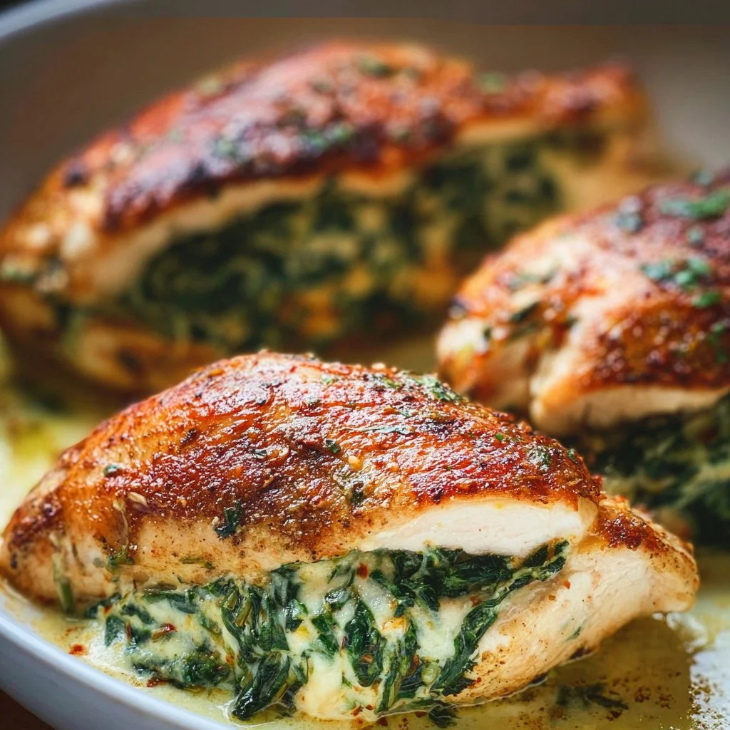 Spinach stuffed chicken breasts on a plate garnished with herbs