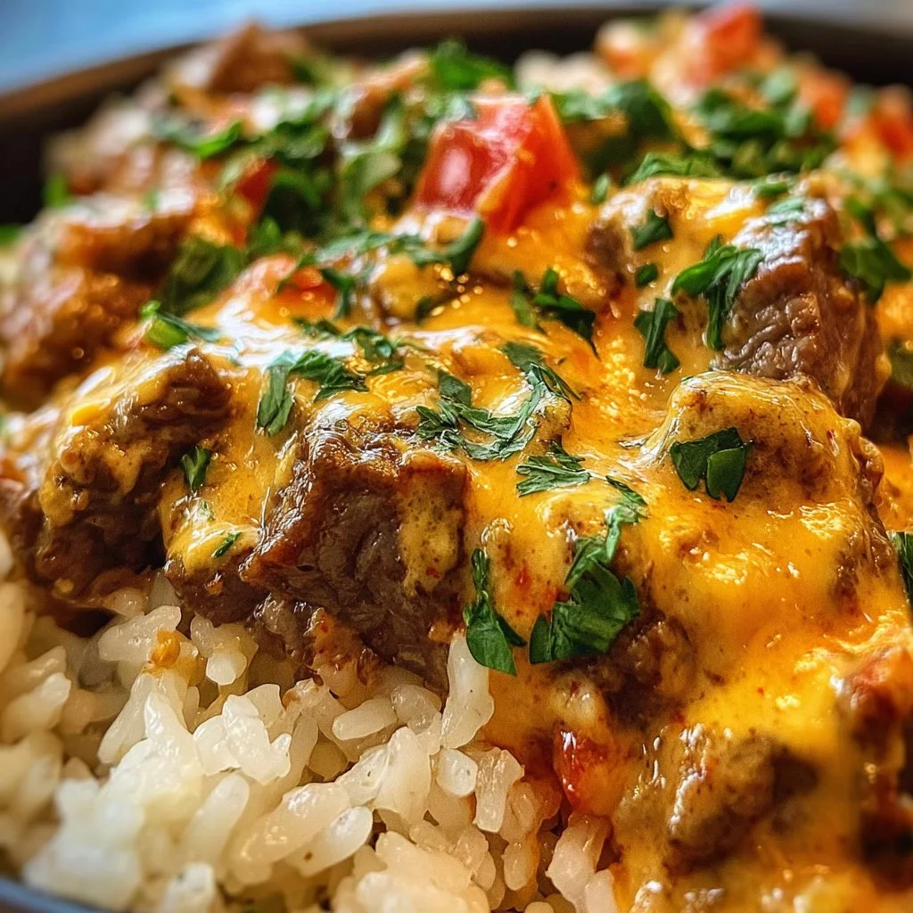 Delicious steak cheese rice dish served on a plate