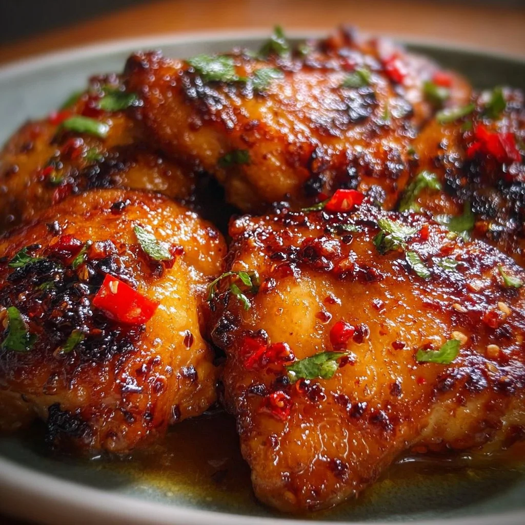 Sticky sweet chili chicken thighs cooked in an air fryer, glazed with sweet chili sauce