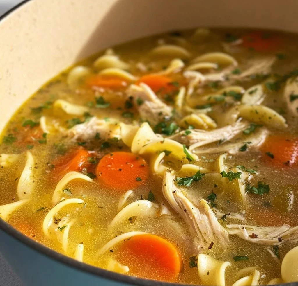 Bowl of homemade stovetop chicken noodle soup with fresh ingredients and herbs