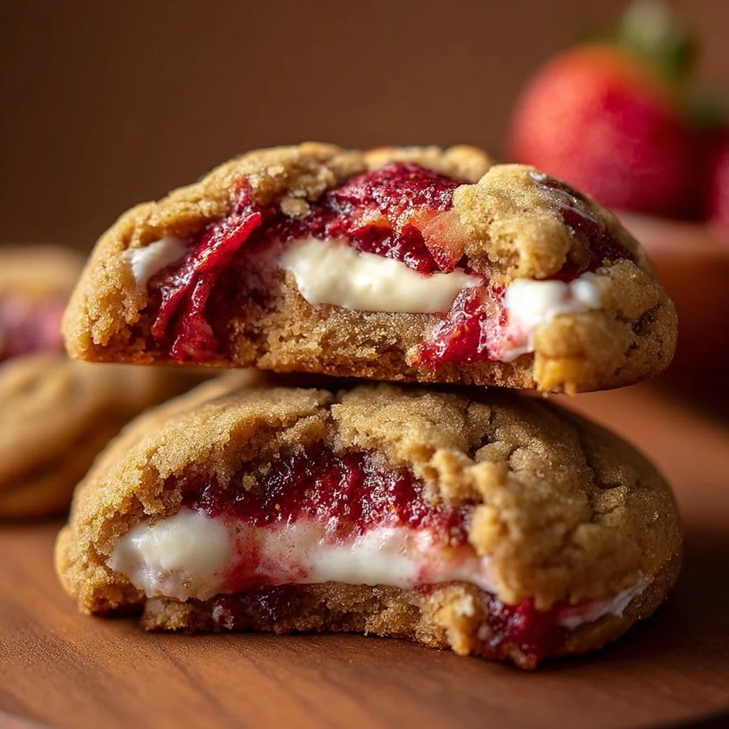 Delicious strawberry cheesecake stuffed cookies on a plate