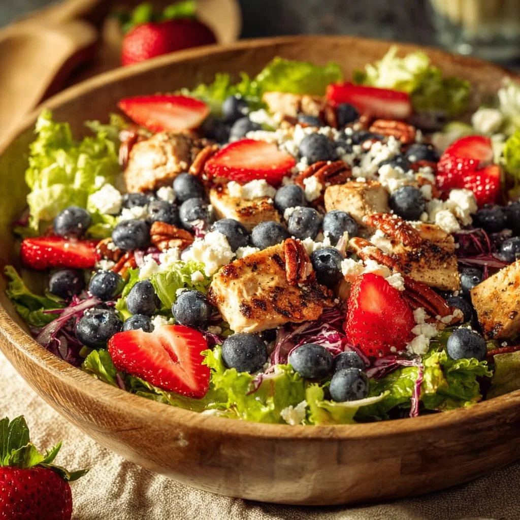 Vibrant Strawberry Chicken Salad with Poppy Seed Dressing in a bowl