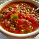 Bowl of stuffed pepper soup with colorful peppers and herbs