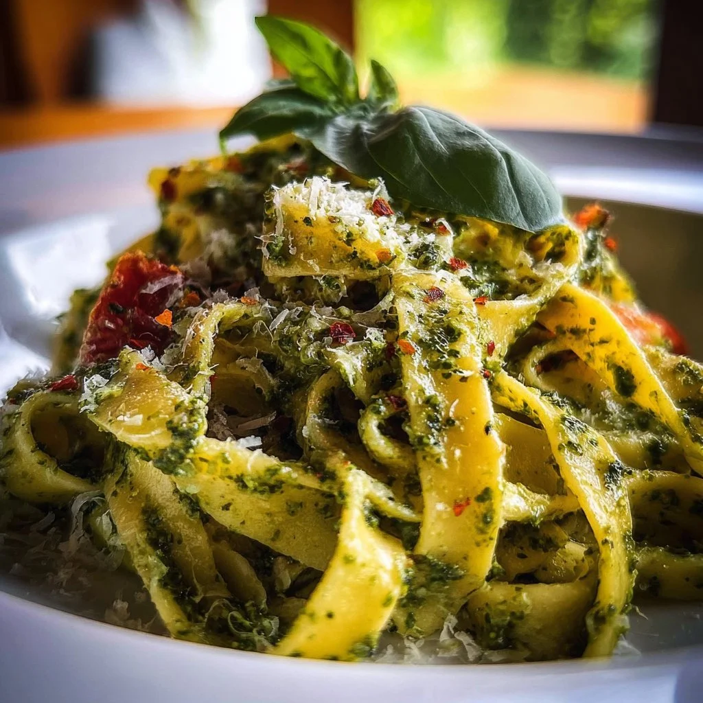 Sunflower-basil pesto tagliatelle served in a bowl with fresh basil leaves