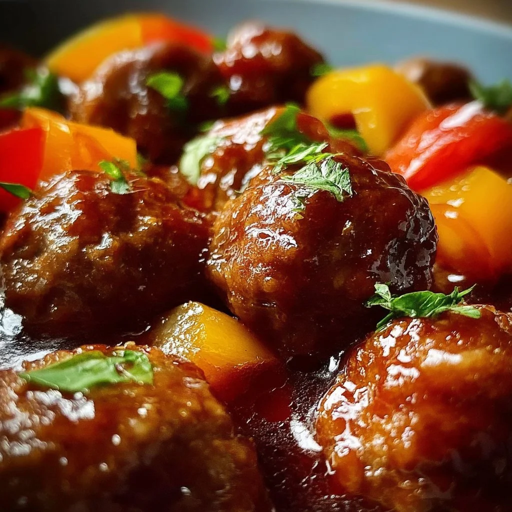 Sweet and sour meatballs cooked in a crockpot, served on a plate.