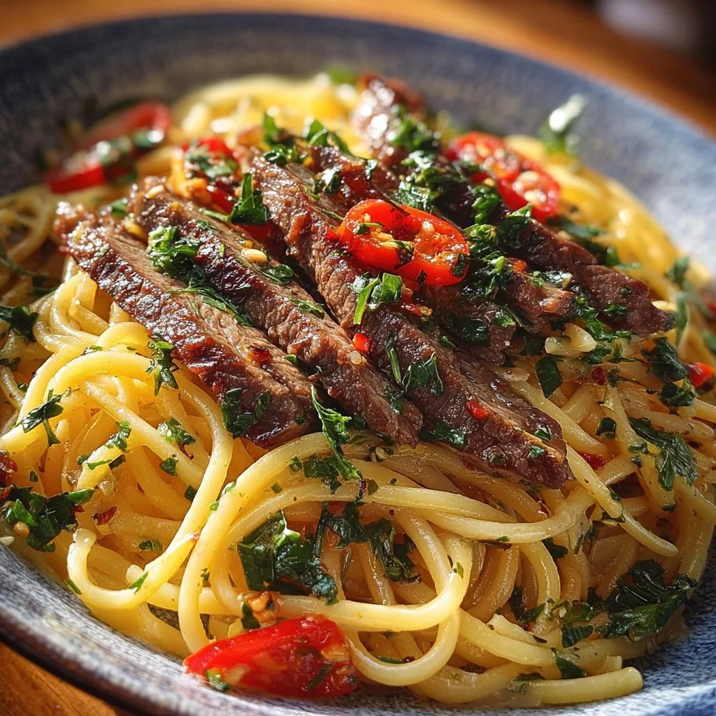 Delicious sweet and spicy garlic steak pasta dish with vibrant garnishes