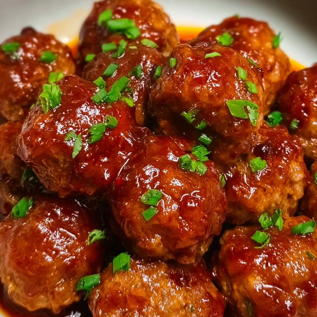 Sweet and spicy slow cooker meatballs served on a plate.