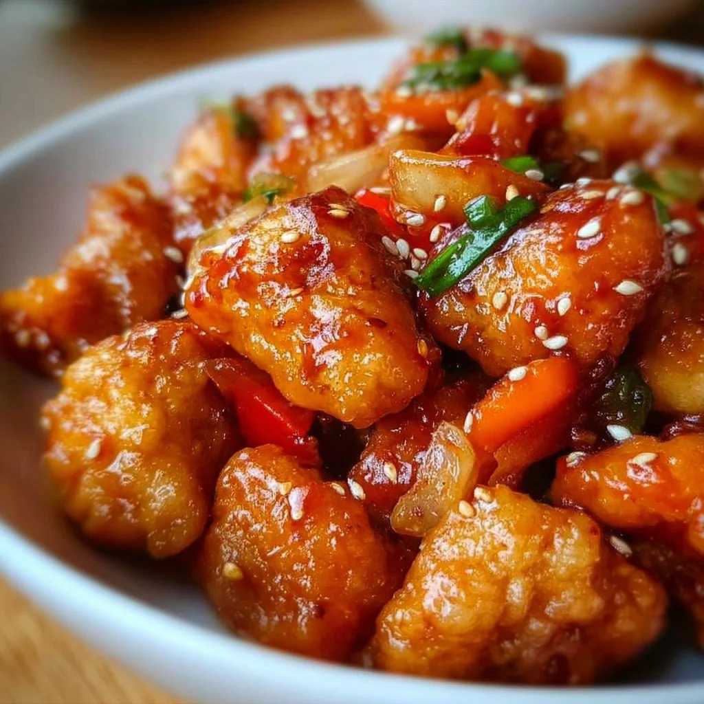 Delicious plate of Sweet Chili Chicken garnished with fresh herbs