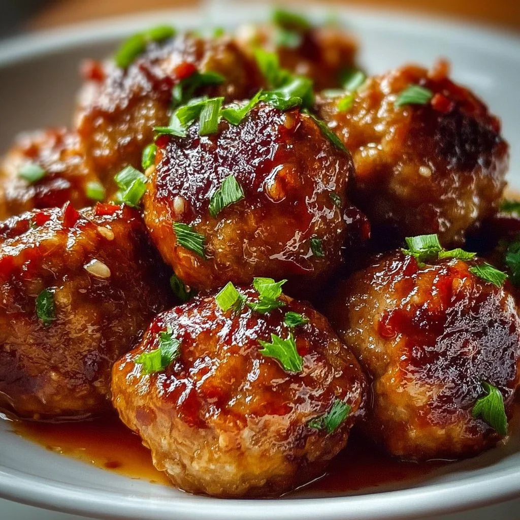 Plate of sweet chili meatballs garnished with green onions and sesame seeds.