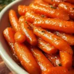 Sweet crockpot glazed carrots served in a dish with herbs and a shiny glaze