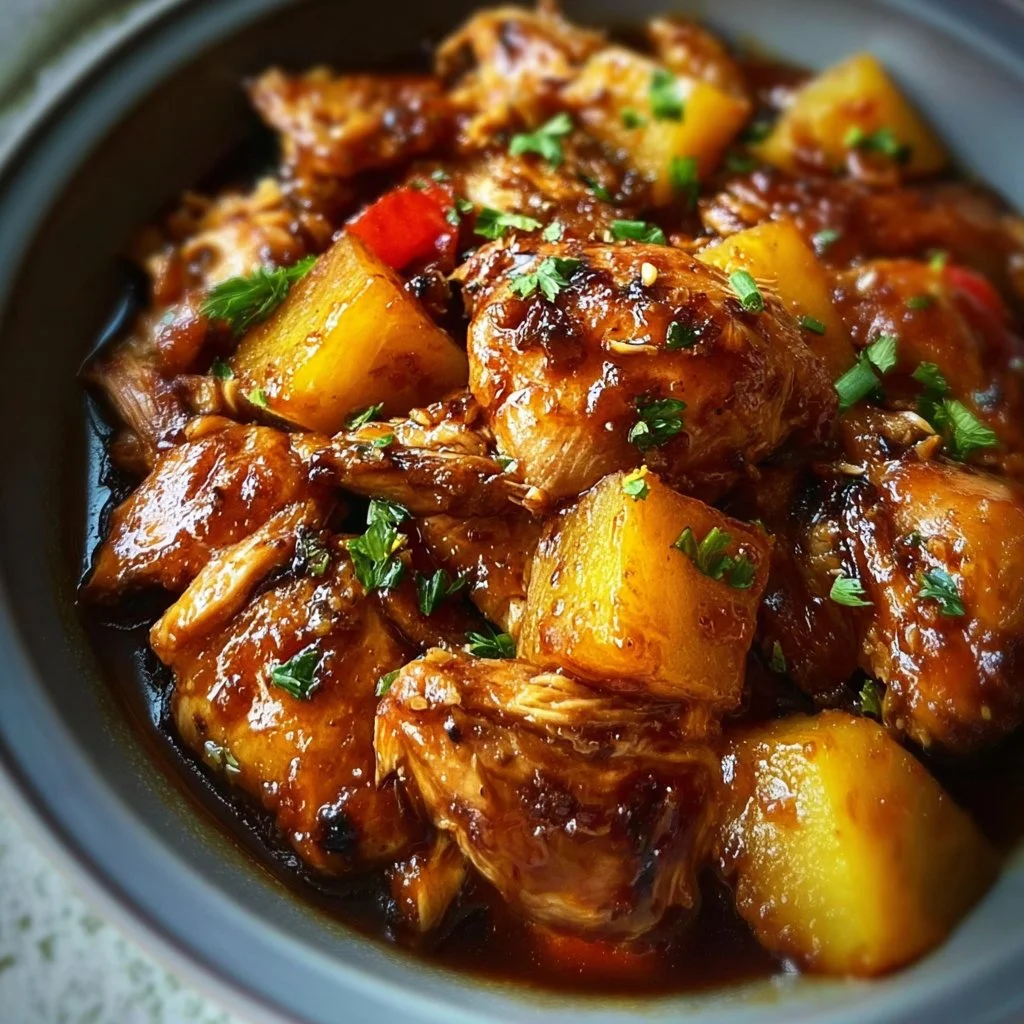 Delicious Sweet Hawaiian Crockpot Chicken served with pineapple and rice