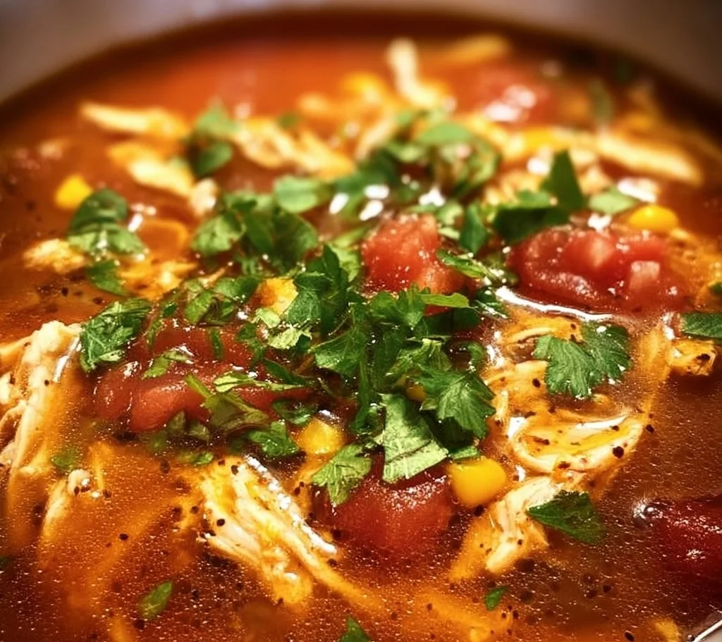 Delicious bowl of homemade Taco Chicken Soup garnished with fresh cilantro.