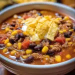 A delicious bowl of Taco Soup with Ranch Packet topped with cheese and cilantro.