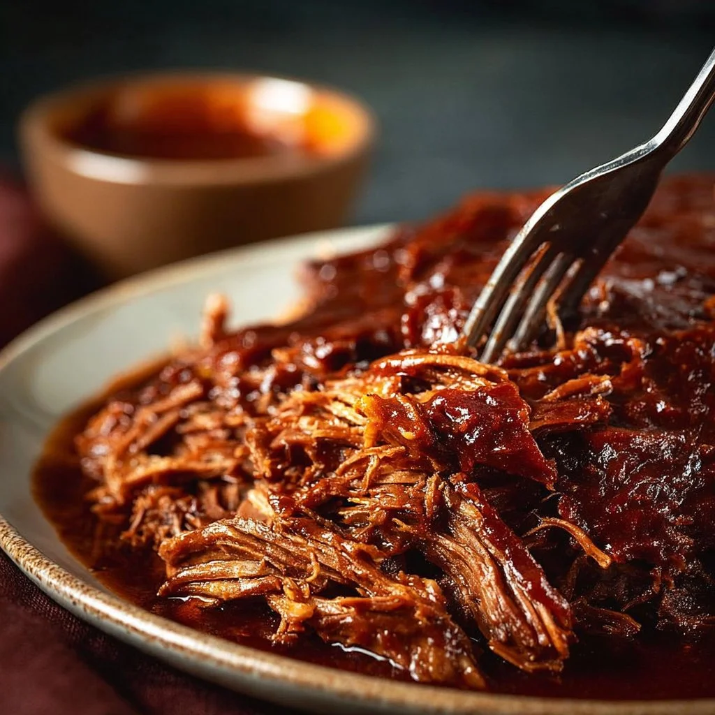 Plate of tender BBQ brisket with a side of sauce and veggies