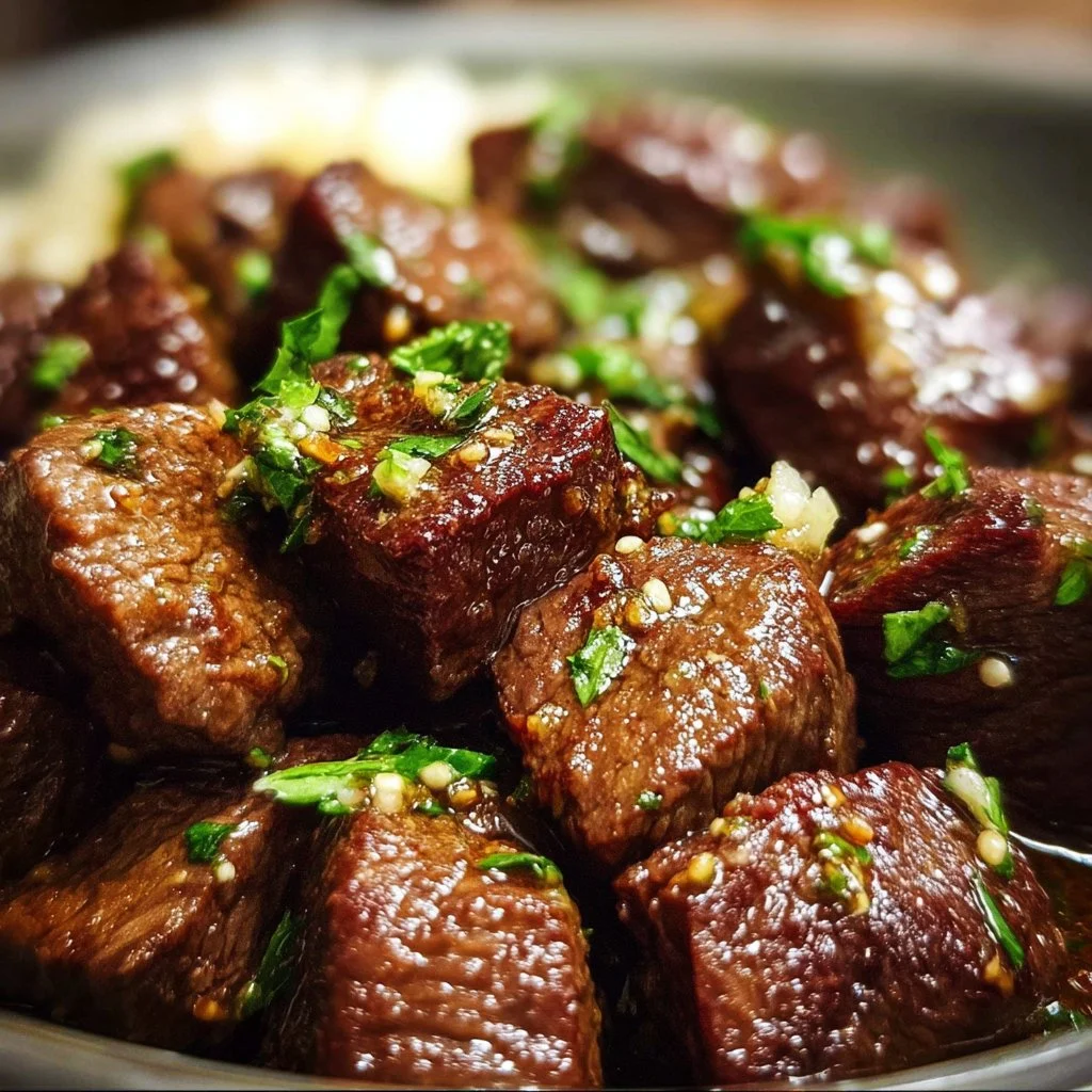 Tender crockpot steak bites with garlic butter served on a plate