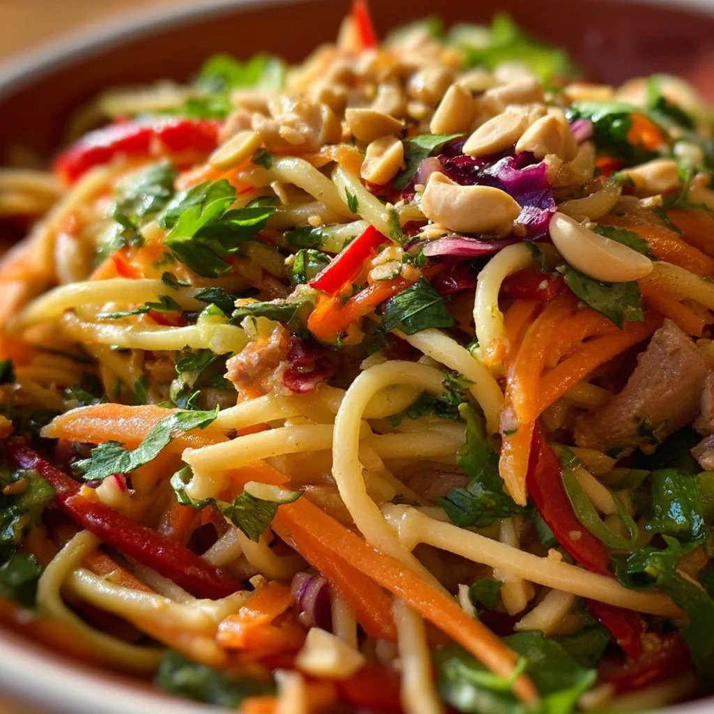 Colorful and fresh Thai-inspired noodle salad with vegetables and herbs.