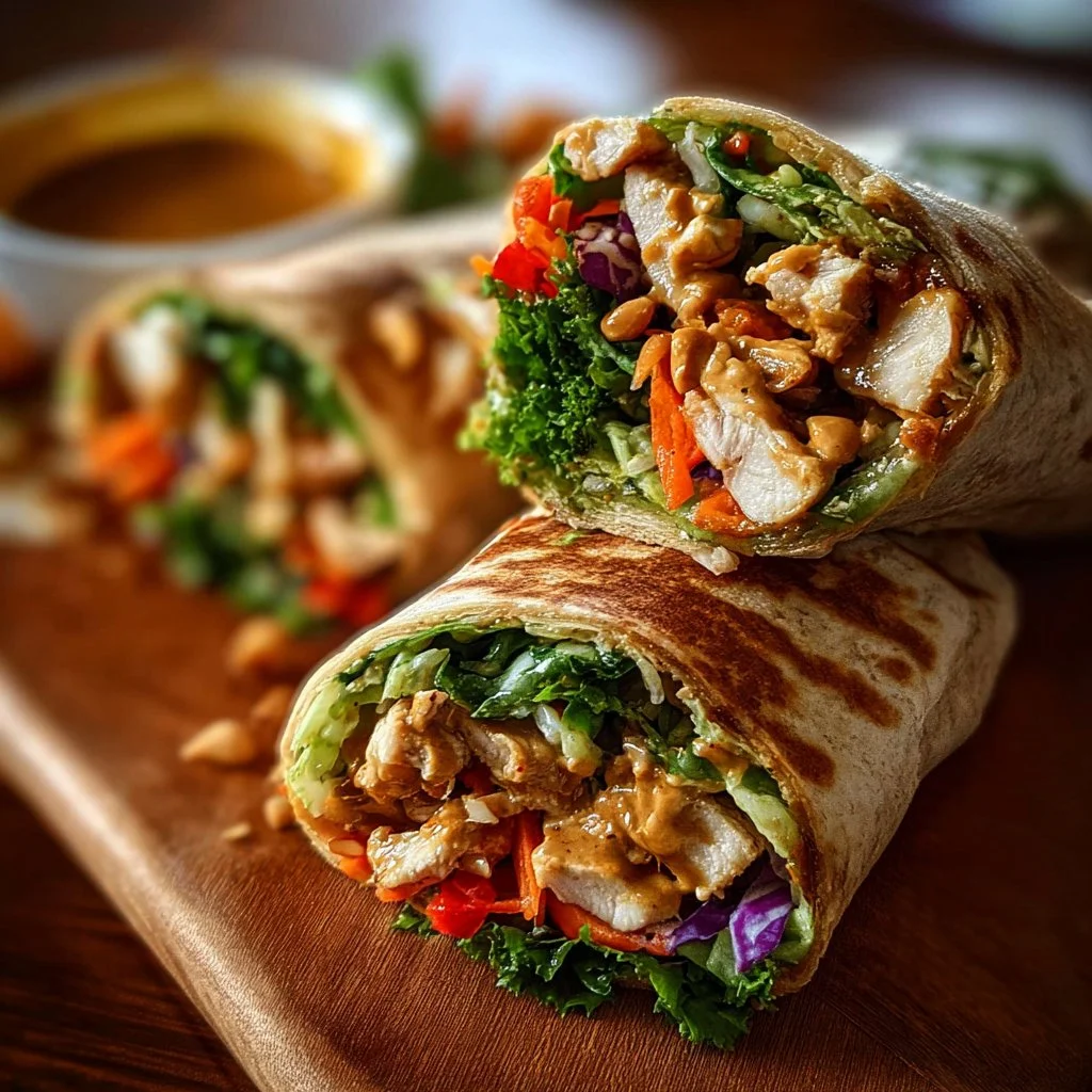 Thai Peanut Chicken Wraps with fresh vegetables and peanut sauce