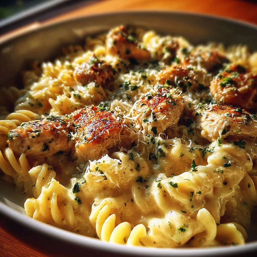 Delicious Crockpot Garlic Parmesan Chicken Pasta in a bowl garnished with parsley