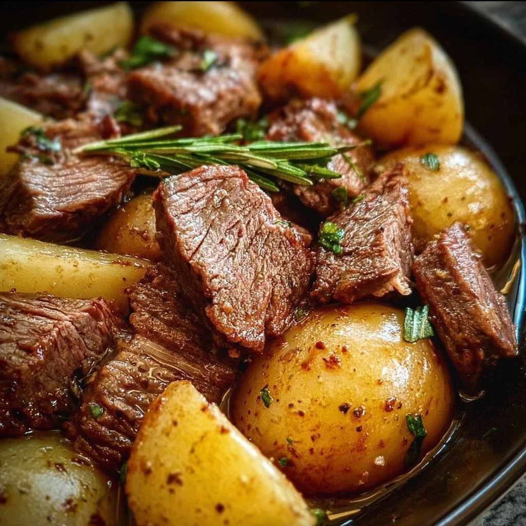 Delicious Crockpot Steak and Potatoes ready to serve