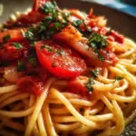 Homemade Tomato Basil Pasta Sauce served over spaghetti