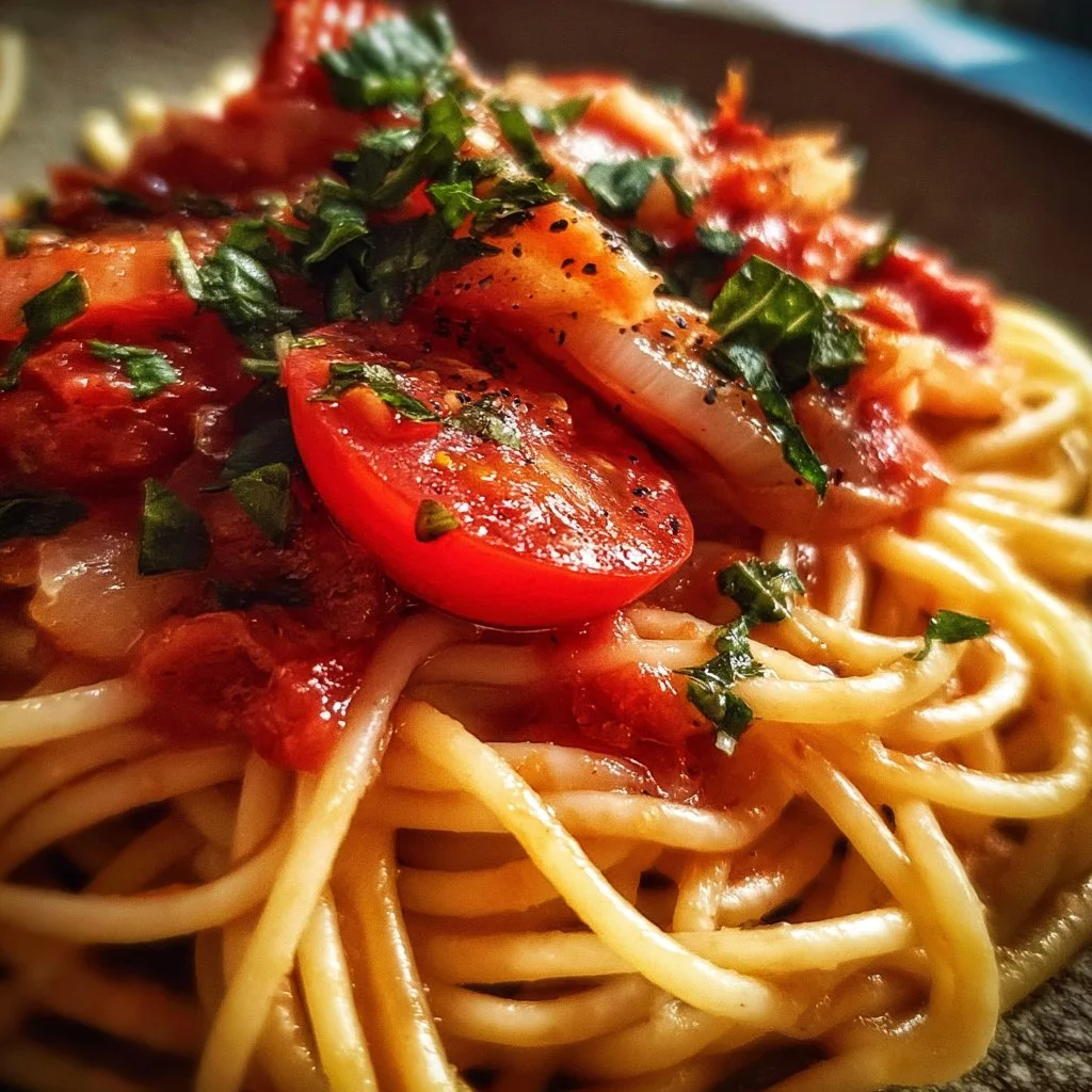Homemade Tomato Basil Pasta Sauce served over spaghetti