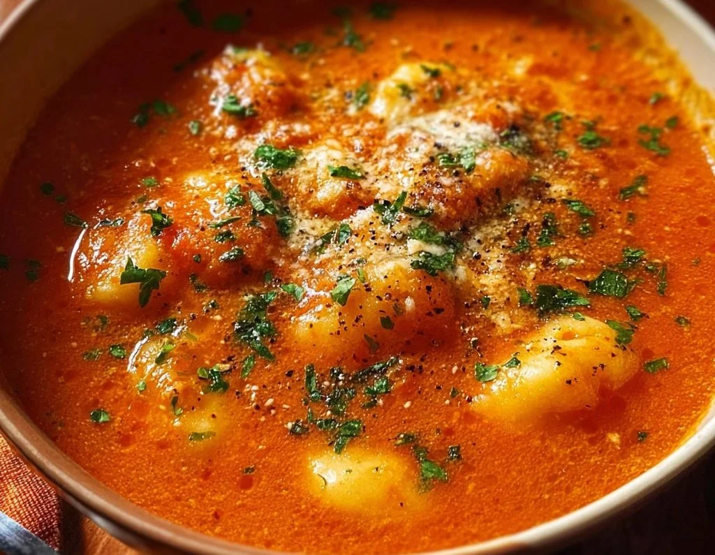 A bowl of delicious tomato gnocchi soup, garnished with herbs and spices.