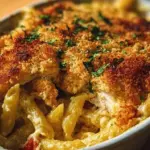 Delicious Chicken Kiev Pasta Bake with creamy sauce and golden breadcrumbs