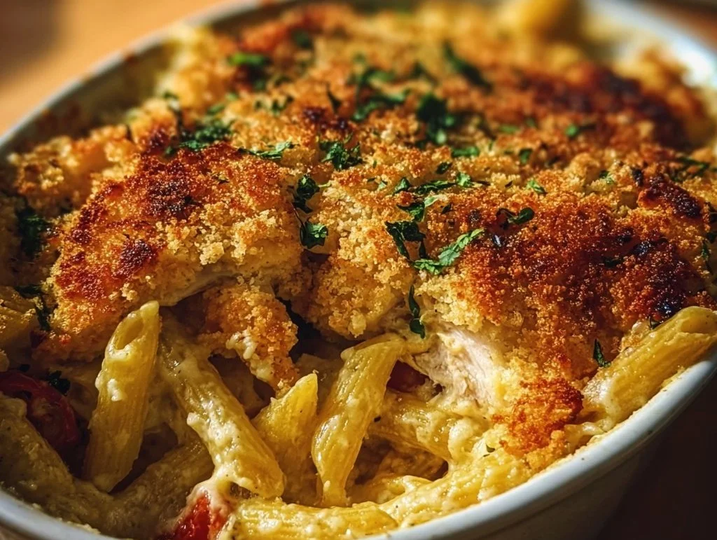 Delicious Chicken Kiev Pasta Bake with creamy sauce and golden breadcrumbs