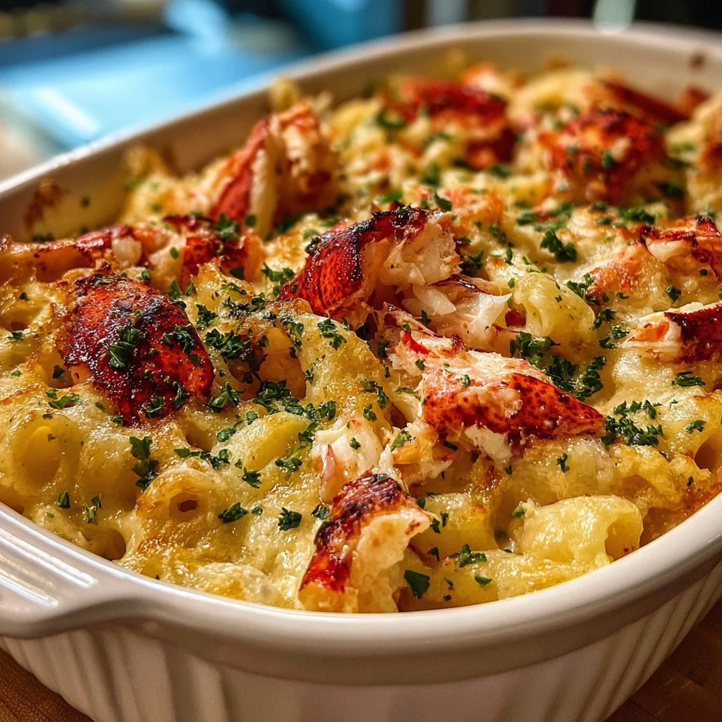 Trader Joe's Lobster Casserole in a baking dish, ready to serve.