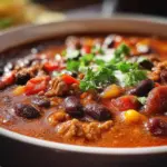 A bowl of flavorful Turkey Chili garnished with fresh cilantro and avocado.