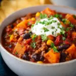 Bowl of Turkey Sweet Potato Chili topped with cilantro