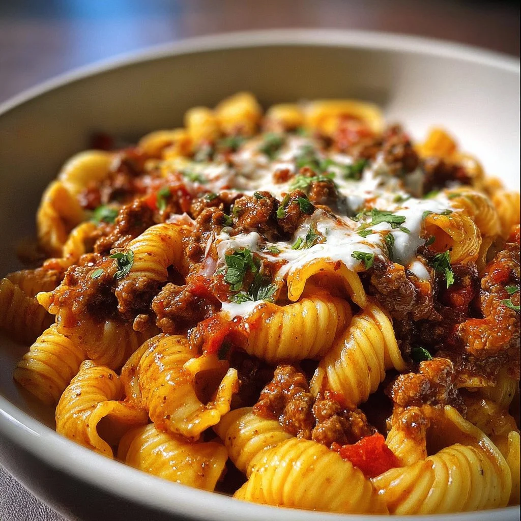 Bowl of Turkish Turkey Chili Pasta topped with fresh herbs and spices