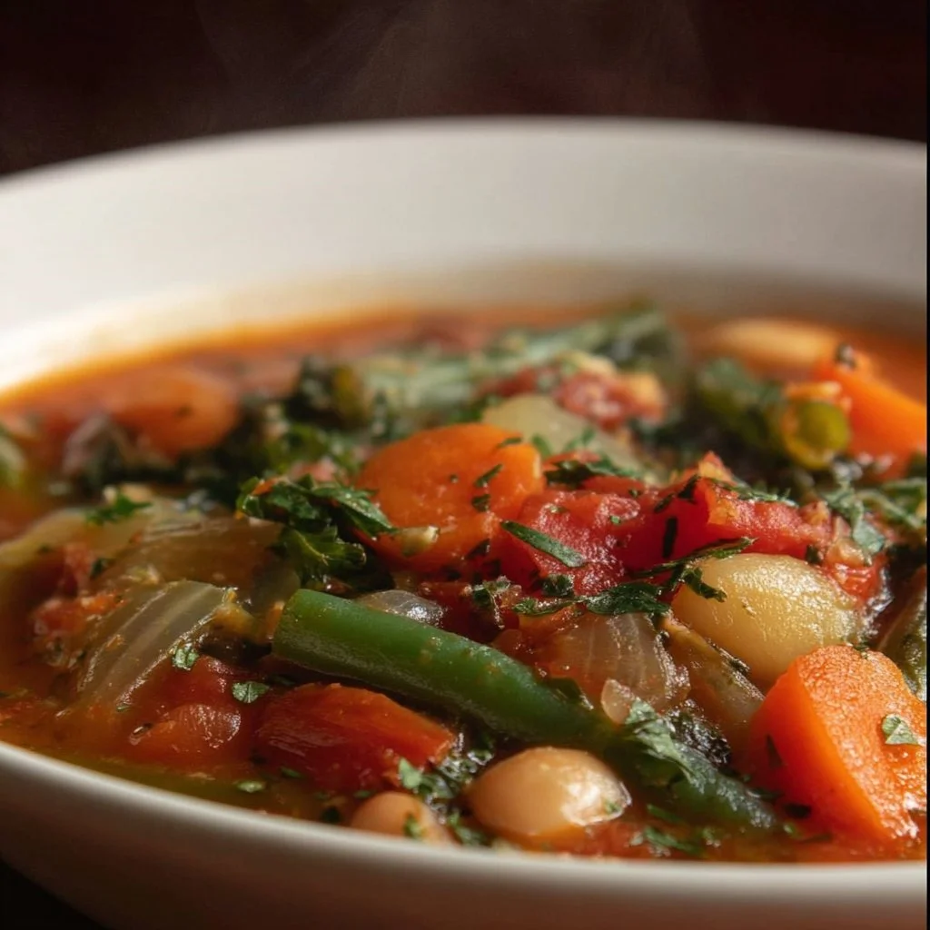 Bowl of Tuscan Bean Soup Ribollita garnished with fresh herbs