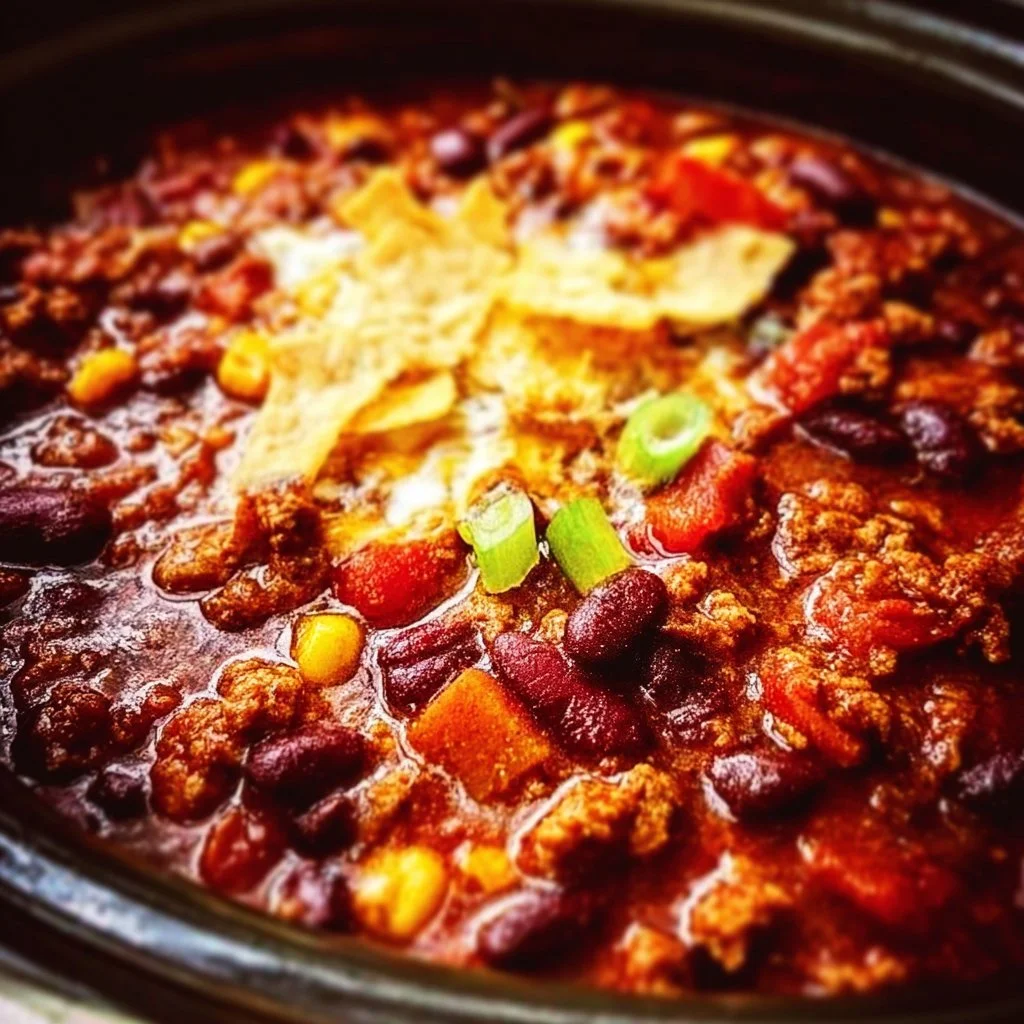 Delicious bowl of ultimate Crockpot Chili topped with fresh herbs