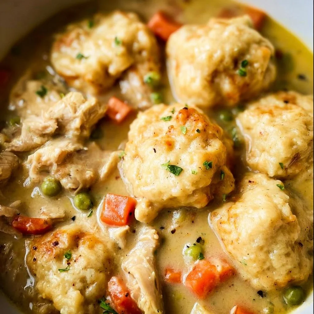 Hearty vegan chicken and dumplings dish served in a bowl
