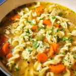 Bowl of Vegan Chicken Noodle Soup filled with veggies and plant-based chicken.