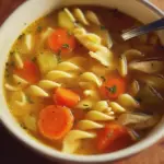 Bowl of Vegan Chicken Noodle Soup with fresh vegetables and herbs